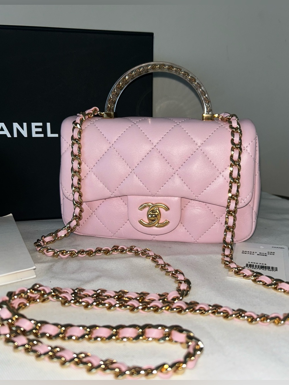 NEW! CHANEL 24S Mini Top Handle Flap Bag Quilted Lambskin Rose Light Pink